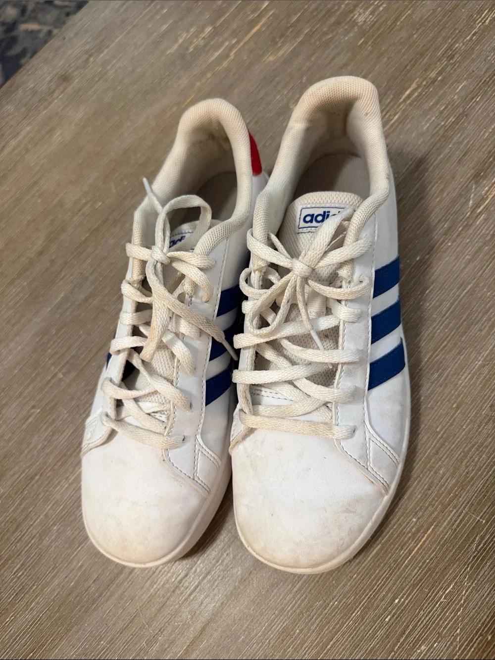 adidas White Sneakers with Blue Stripes and Red Heel Tab